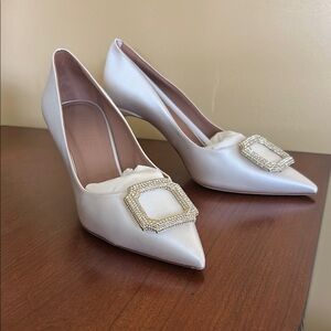 Malone Souliers White Pointed-Toe Heels with Crystal Buckle
